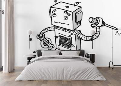 Broken Robot Fix Technology. A hand drawn vector cartoon illustration of a broken robot trying to fix itself. Wall mural