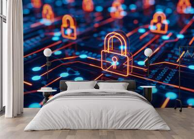 concept de cybersécurité, symbole de cadenas représentant la protection des données numérique sur fond carte électronique de type circuit imprimé illuminé Wall mural