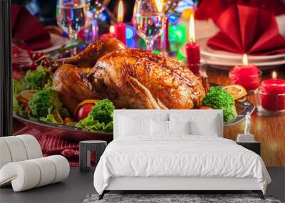 Baked or roasted whole chicken on Christmas table Wall mural