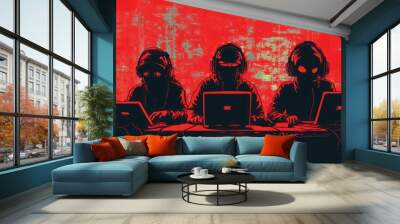 Anonymous hacker programmer uses a laptop to hack the system in the dark. Creation and infection of malicious virus. The concept of cybercrime and hacking database Wall mural