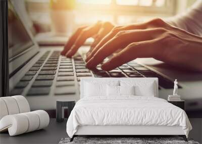 Business man hands typing on laptop computer keyboard, searching information, surfing the internet on dark office desk, distance job, online working, business and technology concept Wall mural