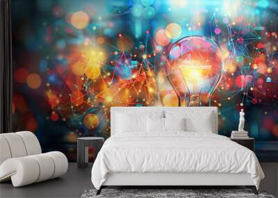 Close-up of a glowing light bulb with vibrant bursts of colors symbolizing creativity and innovation.  Wall mural