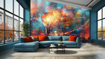 Close-up of a glowing light bulb with vibrant bursts of colors symbolizing creativity and innovation.  Wall mural