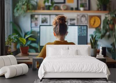 Female graphic designer focused on work at a cozy home office with dual monitors surrounded by green plants Wall mural