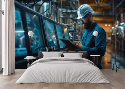 Industrial Expertise: Technician at Work. A concentrated male technician in a hard hat and safety glasses using a tablet to control processes in an industrial plant. Wall mural