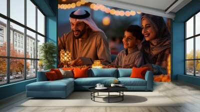 Joyous Family Gathering for Ramadan Iftar. Happy family enjoying a traditional Iftar meal during Ramadan, with festive lights and decorations. Wall mural