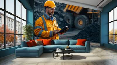 Mining Operator Controls Loading. Mining engineer in a hard hat monitors the loading of coal or cargo into a dump truck. Wall mural