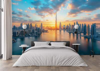 Stunning view of Dubai's skyline reflected in the calm waters at sunrise, showcasing iconic skyscrapers under a colorful sky Wall mural