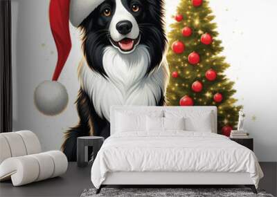 Cute Christmas Santa Hat Border Collie Dogs Vector Cartoon illustration white background Wall mural