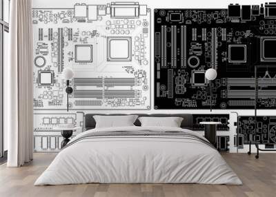 Layered editable vector illustration outline of old computer motherboard, memory and graphics card Wall mural