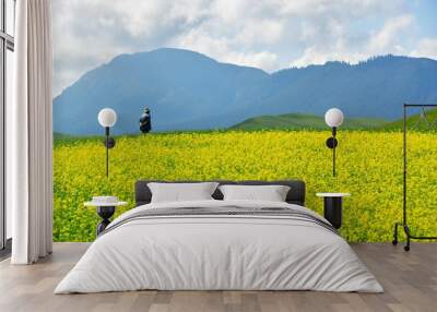 Photo of farmer walking in rapeseed field Wall mural