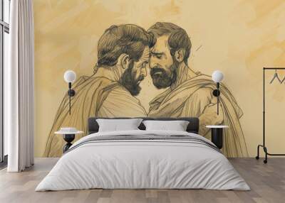 Biblical Illustration of 2 Samuel 1: David's lament for Saul and Jonathan, deep grief, poetic eulogy honoring their lives and friendship, Beige Background, copyspace Wall mural