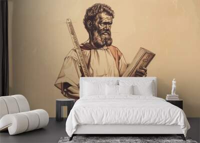 Biblical Illustration of Apostle James the Less with Book and Saw on Beige Background with Copyspace for Religious Themes and Apostolic Work Wall mural