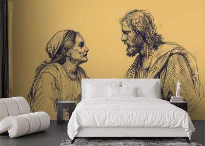 Biblical Illustration of Jesus' Encounter with the Samaritan Woman at the Well, Ideal for article Wall mural