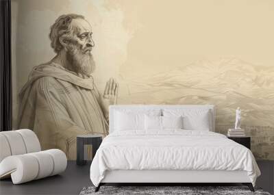 Biblical Illustration of St. Barnabas Preaching with Ancient Cyprus Background, Beige Background, Copyspace Wall mural