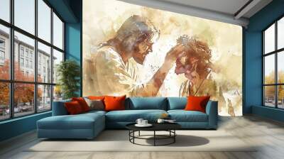 Christian Jesus Healing Blind Man with Touch Compassion and Miraculous Healing Beige Background and Copyspace Wall mural