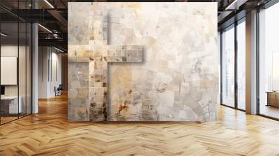 Cross with Mosaic Tiles, Biblical Illustration, Beige Background, Christian Artistry and Faith, Copyspace Wall mural