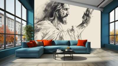 Gentle Sketch of Jesus Christ with Raised Hand, Symbolizing Blessing and Compassion, Ideal for Inspirational Religious Art and Faith Decor Wall mural