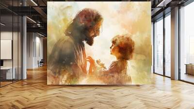 Jesus Blessing a Child, Watercolor Style, Faith and Compassion, Biblical Illustration, Beige Background, copyspace Wall mural