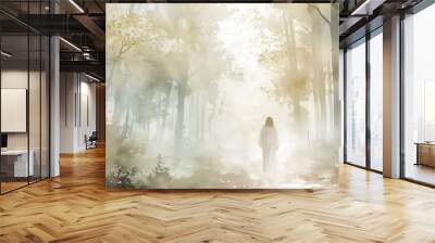 Jesus Walking in a Forest Biblical Illustration, Watercolor Style, Faith and Nature, Beige Background, copyspace Wall mural