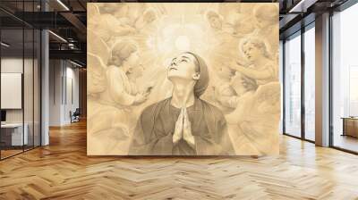 Mystical vision of Saint Gemma Galgani in deep prayer, angels and divine light, beige background, Biblical Illustration, copyspace Wall mural