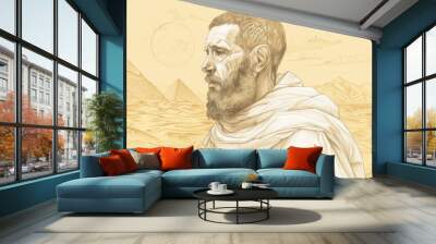 St. Anthony the Abbot in the Desert with Egyptian Landscapes, Biblical Illustration, Beige Background, Copyspace Wall mural