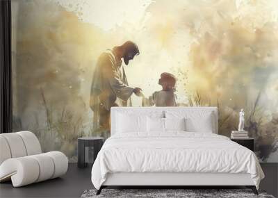 Watercolor Illustration of Jesus Blessing a Child, Faith and Compassion, Biblical Scene, Beige Background, copyspace Wall mural