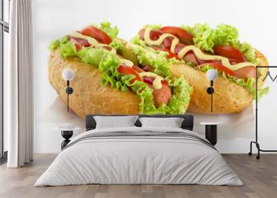 hotdogs on the tray on white background Wall mural