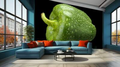 studio shot of green bell pepper isolated on black with water dr Wall mural