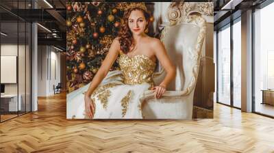 Gorgeous Christmas scene, lady in perfect evening dress in living room, Happy New Year time Wall mural