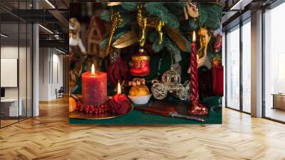 Magic Christmas time illustration. Red New Year Candles at home Wall mural