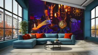 Magical scene, esoteric and wicca concept, fortune telling, witch stuff on a table	 Wall mural