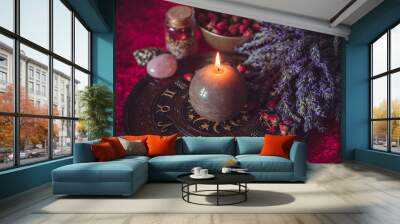 Magical scene, esoteric and wicca concept, fortune telling, witch stuff on a table	 Wall mural