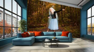 Mystical scene at forest, girl at bride costume, with a veil, Halloween ideas  Wall mural