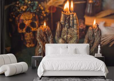 Mystical scene with candles. Fate prediction. Halloween concept, details and décor for home Wall mural