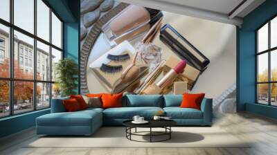 Set of glamorous women accessories, beauty products, perfume and other cosmetics. Shopping and fashion concept Lipstick and make up concept  Wall mural