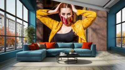 Stop virus ! Woman in Textile homemade mask, ideas	 Wall mural