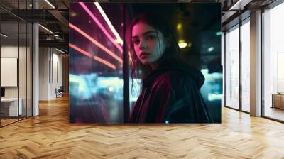 A young woman looking at camera in the evening city illuminated by neon light Wall mural