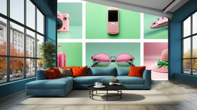 Green and pink collage with different travel accessories and travel symbols, 3D background Wall mural