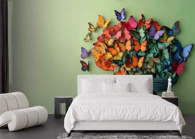 human brain made of multi-colored butterflies on light green background, banner with copy space, con Wall mural