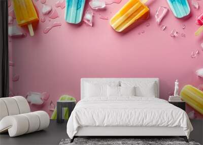 Multicolored popsicles and ice on pink background, summer dessert concept, top view banner with copy space Wall mural