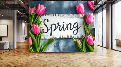 Pink tulips and text spring on blue background, top view Wall mural