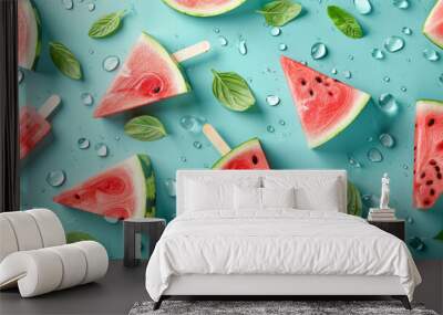 Slices of watermelon as popsicles on green background, summer creative concept Wall mural