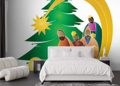 Christmas nativity religious Bethlehem crib scene, with Holy family of Mary, Joseph and baby Jesus and three wise men and Christmas tree. holiday background, illustration. Wall mural