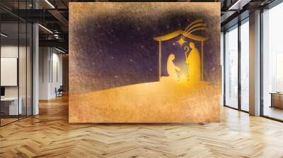 Christmas nativity religious Bethlehem crib scene, with Holy family of Mary, Joseph and baby Jesus in a starry night. Holiday background, illustration. Wall mural