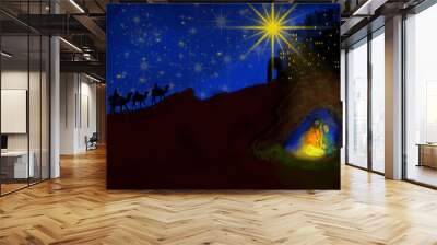 Christmas nativity scenery with three kings silhouettes, abstract watercolor illustration Wall mural