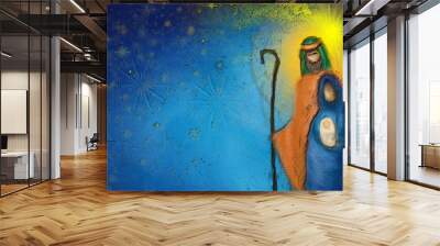 Christmas religious nativity scene, Holy family abstract artistic watercolor illustration Mary Joseph and Jesus in the starry night Wall mural