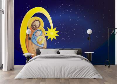 Christmas religious nativity scene, Holy family abstract illustration Mary Joseph and Jesus.  Wall mural