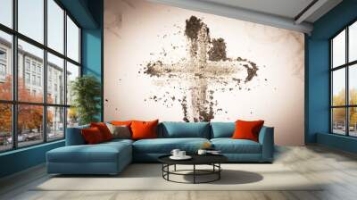 Cross made of ashes, purple Lent season background Wall mural