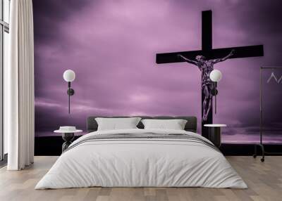 Dark artistic purple shade monotone cross in a field, Lent season background Wall mural